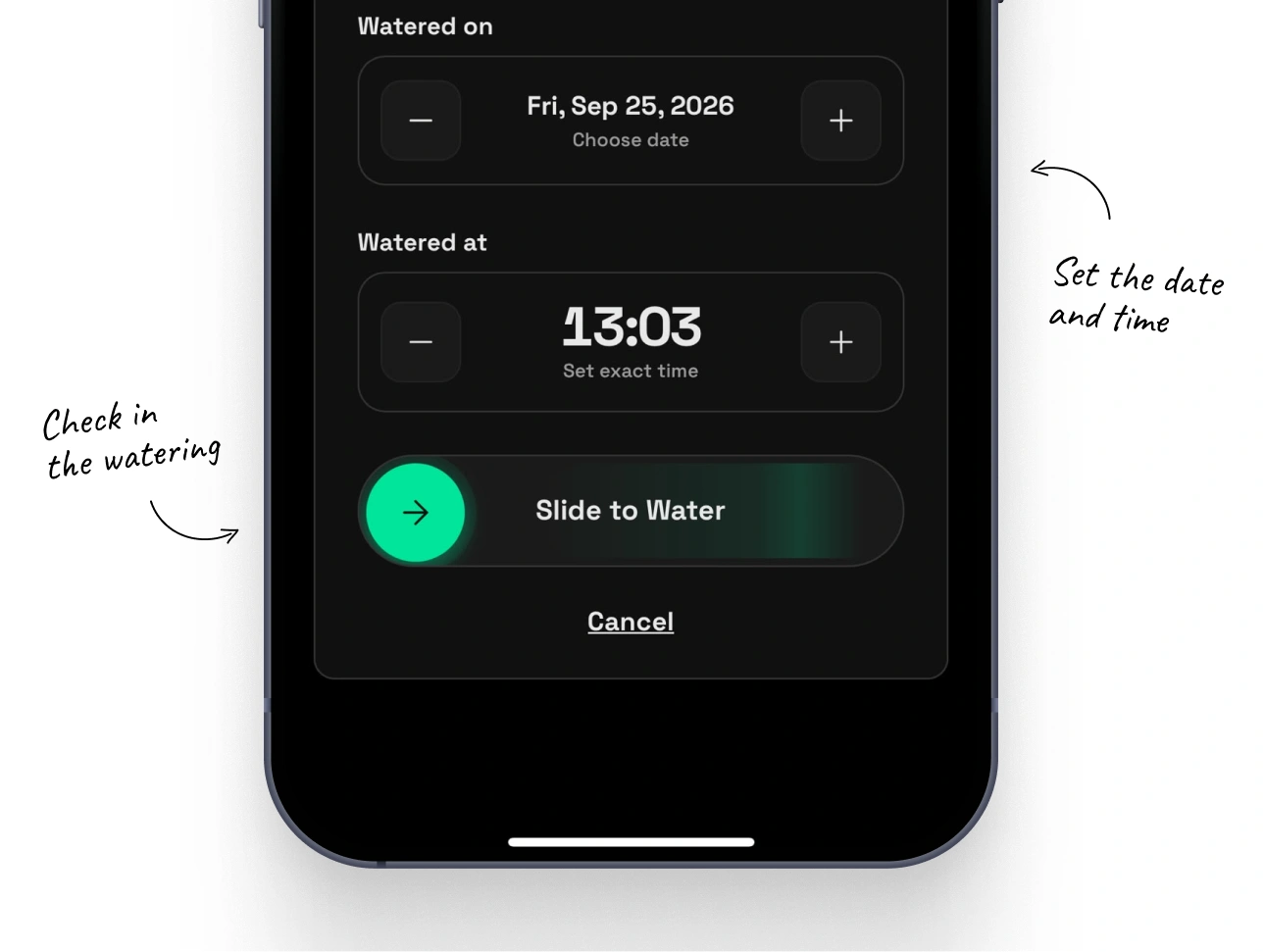 Mossumi plant care app design and development: Logging watering with a slide by Nejc Ovnik (NEITS)