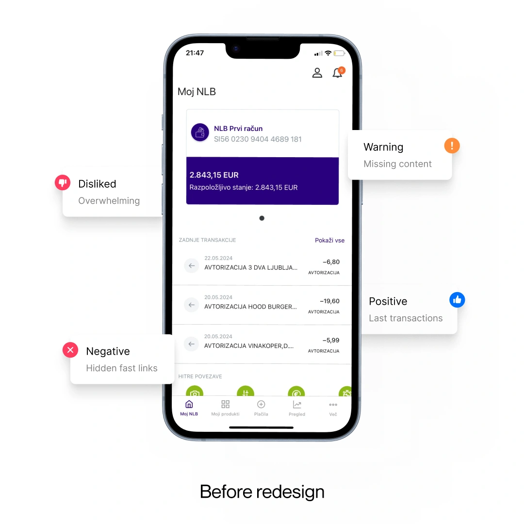 UI/UX redesign of Slovenia's most used banking app NLB Klik: Before and after the redesign of NLB Klik app by Nejc Ovnik (NEITS)